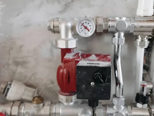 Szabályozószelep és hőmérő közelről egy ipari csővezetéken